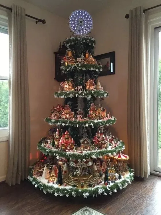 Sapin de Noël avec grande roue (avec trains, grande roue, maisons illuminées)